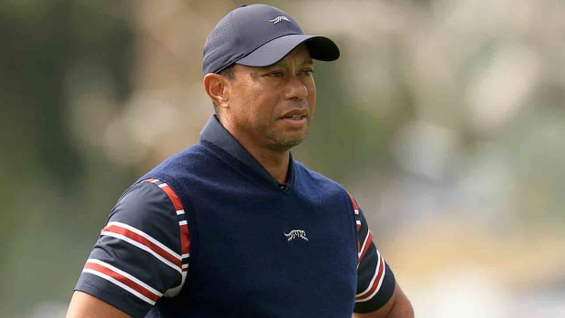 Tiger Woods waits during the second round of the 2024 Genesis Invitational at Riviera Country Club iin Pacific Palisades, Calif.
